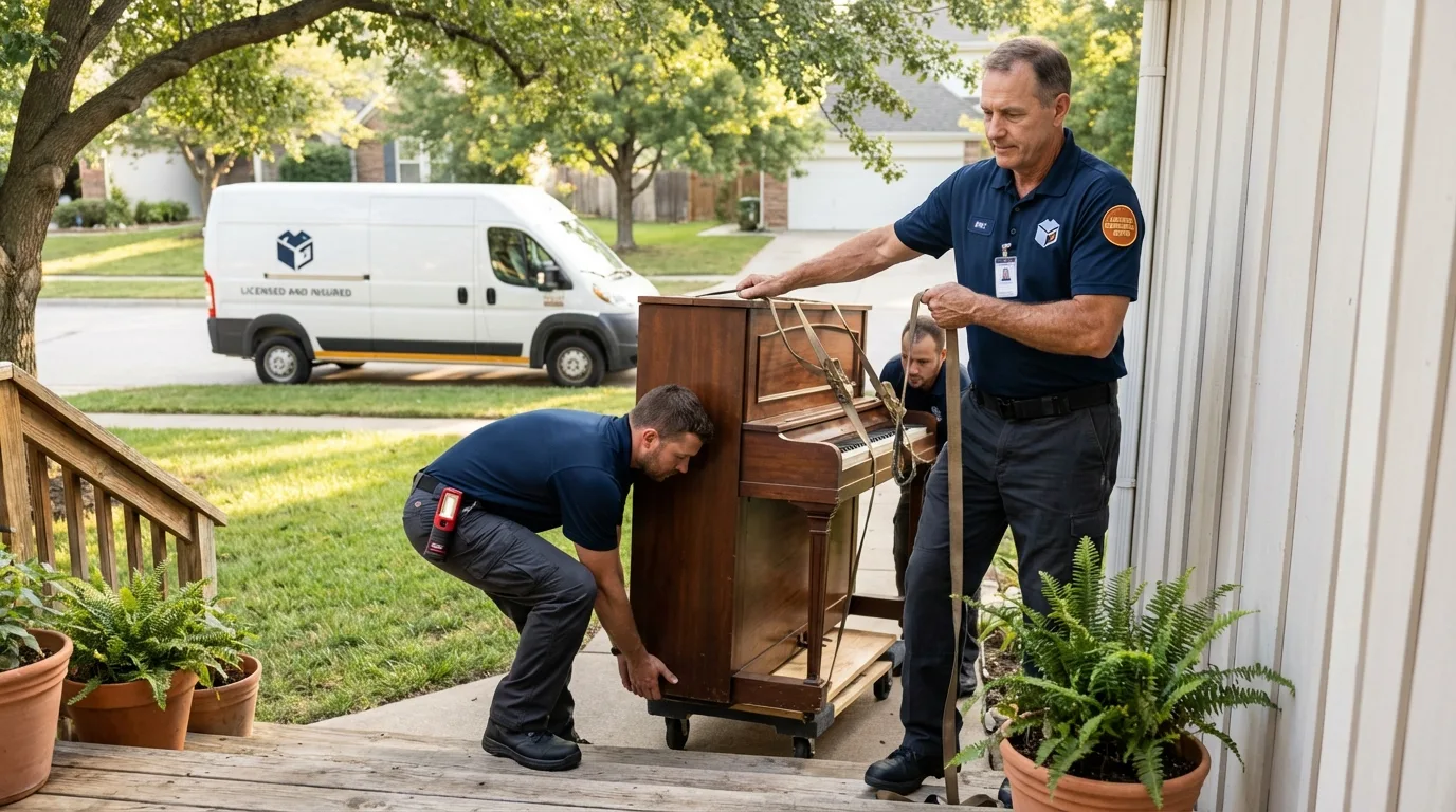 Licensed piano movers securing grand piano in Wood River, IL