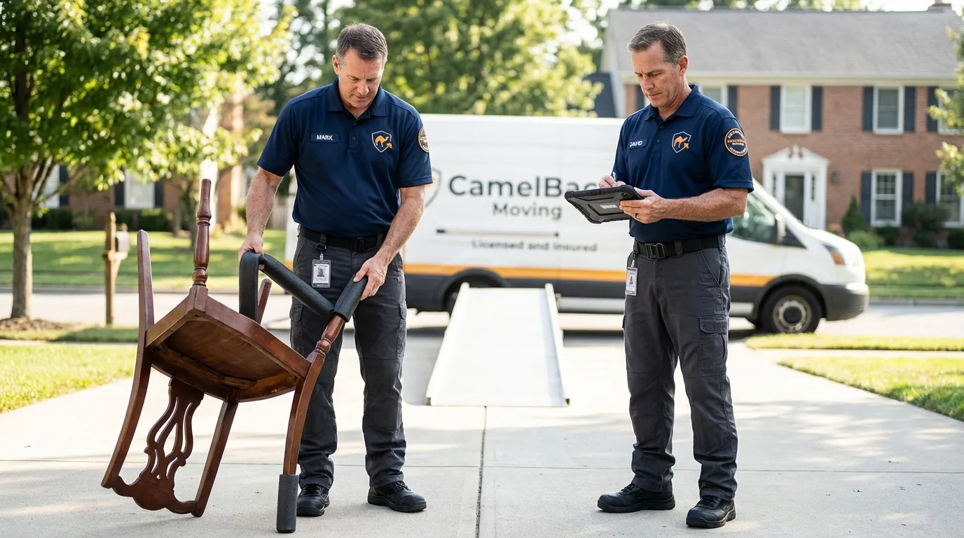 Movers inspecting furniture for damage prevention before loading in Wood River, IL