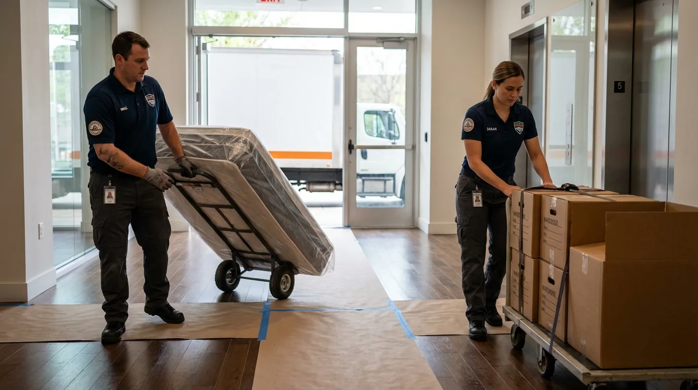 Professional apartment movers loading elevator in Wood River, IL