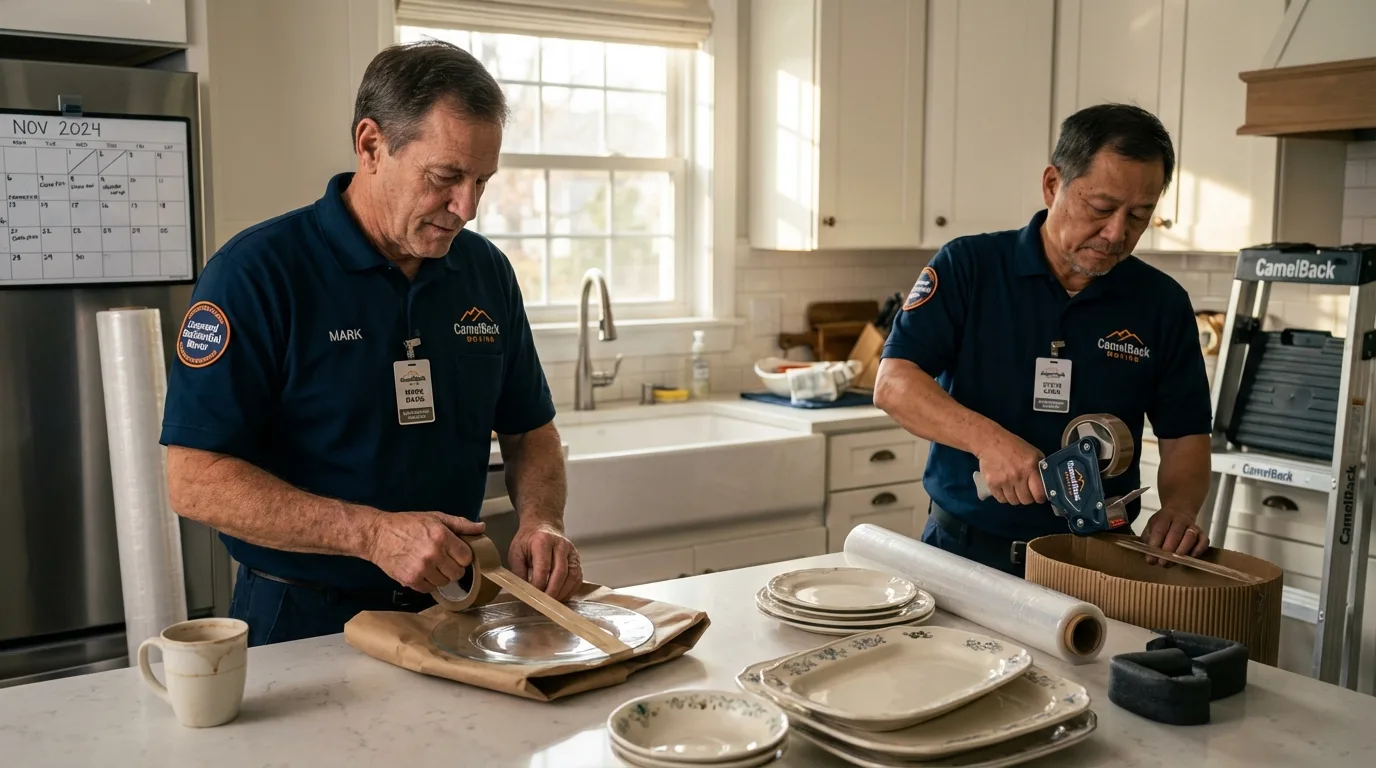 Professional crew packing kitchen dishware in Wood River, IL